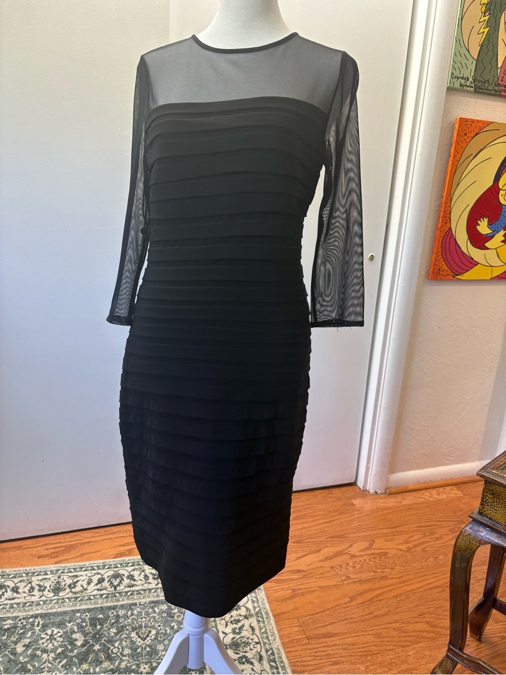 Adrianna Papell Black Sheer-Yoke Layered Pencil Dress